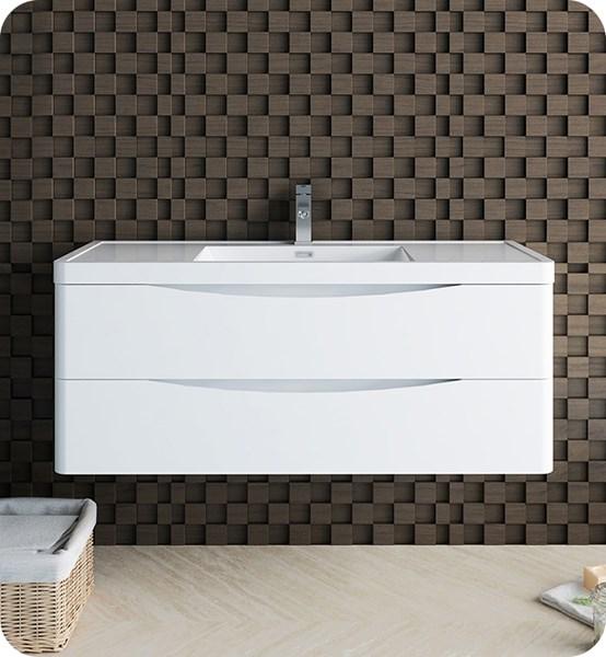 Fresca Tuscany 48" Glossy White Wall Hung Modern Bathroom Cabinet w/ Integrated Sink | FCB9048WH-I