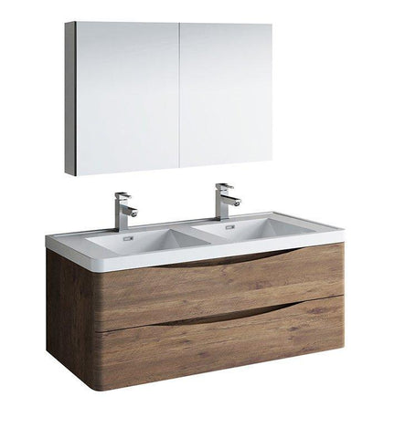 Image of Fresca Tuscany 48" Rosewood Double Sink Bath Bowl Vanity Set w/ Cabinet/Faucet FVN9048RW-D-FFT1030BN