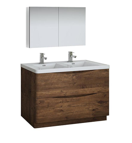 Image of Fresca Tuscany 48" Rosewood Double Sink Bath Bowl Vanity Set w/ Cabinet/Faucet FVN9148RW-D-FFT1030BN