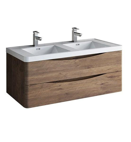 Image of Fresca Tuscany 48" Rosewood Wall Hung Modern Bathroom Cabinet w/ Integrated Double Sink | FCB9048RW-D-I