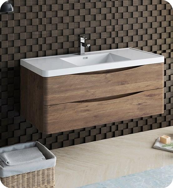 Fresca Tuscany 48" Rosewood Wall Hung Modern Bathroom Cabinet w/ Integrated Sink | FCB9048RW-I