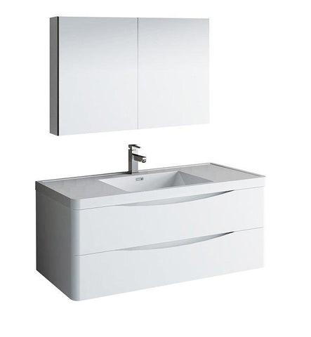 Image of Fresca Tuscany 48" White Bath Bowl Vessel Drain Vanity Set w/ Cabinet & Faucet FVN9048WH-FFT1030BN