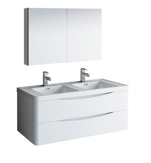 Fresca Tuscany 48" White Double Sink Bath Bowl Vanity Set w/ Cabinet & Faucet FVN9048WH-D-FFT1030BN