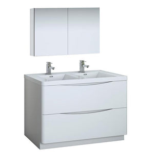 Fresca Tuscany 48" White Double Sink Bath Bowl Vanity Set w/ Cabinet & Faucet FVN9148WH-D-FFT1030BN