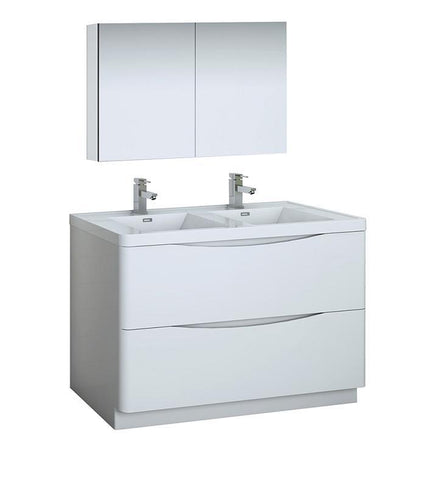 Image of Fresca Tuscany 48" White Double Sink Bath Bowl Vanity Set w/ Cabinet & Faucet FVN9148WH-D-FFT1030BN