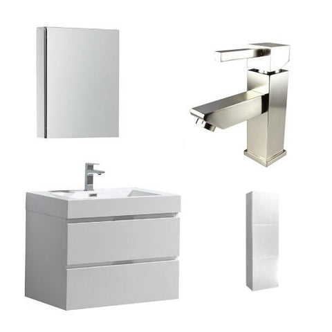 Image of Fresca Valencia 30" White Wall Hung Modern Bathroom Vanity with Cabinet FVN8330 FVN8330WH-FFT1030BN-FST8090WH