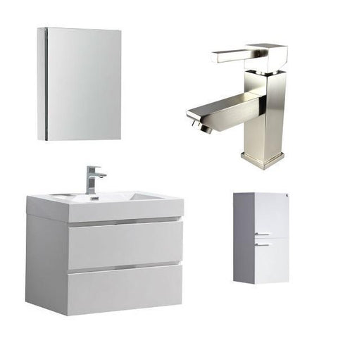 Image of Fresca Valencia 30" White Wall Hung Modern Bathroom Vanity with Cabinet FVN8330 FVN8330WH-FFT1030BN-FST8091WH
