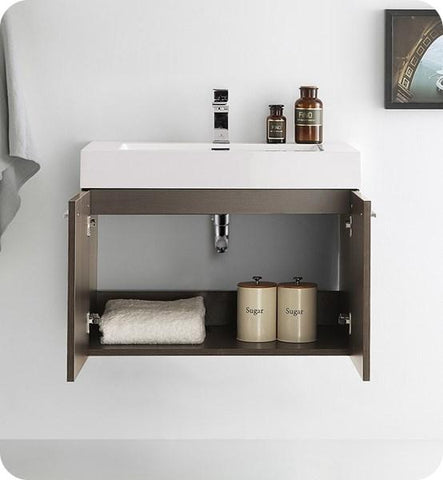 Image of Fresca Vista 30" Gray Oak Wall Hung Modern Bathroom Cabinet w/ Integrated Sink | FCB8089GO-I