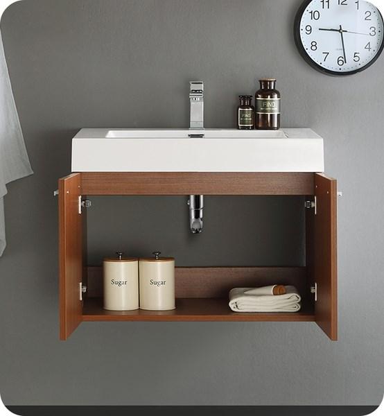 Fresca Vista 30" Teak Wall Hung Modern Bathroom Cabinet w/ Integrated Sink | FCB8089TK-I