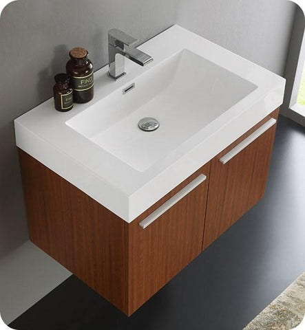 Image of Fresca Vista 30" Teak Wall Hung Modern Bathroom Cabinet w/ Integrated Sink | FCB8089TK-I