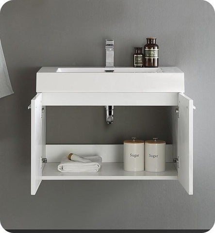 Image of Fresca Vista 30" White Wall Hung Modern Bathroom Cabinet w/ Integrated Sink | FCB8089WH-I