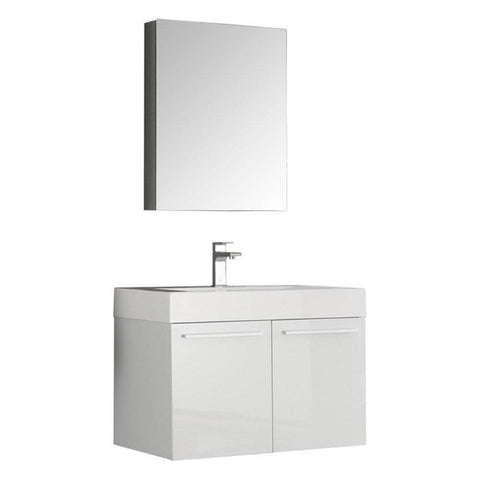 Image of Fresca Vista 30" White Wall Hung Modern Bathroom Vanity w/ Medicine Cabinet FVN8089WH-FFT1030BN
