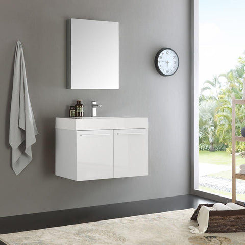 Image of Fresca Vista 30" White Wall Hung Modern Bathroom Vanity w/ Medicine Cabinet FVN8089WH-FFT1030BN