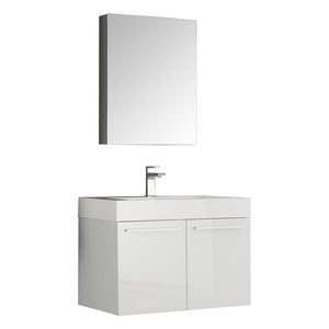Fresca Vista 30" White Wall Hung Modern Bathroom Vanity w/ Medicine Cabinet FVN8089WH-FFT1030BN