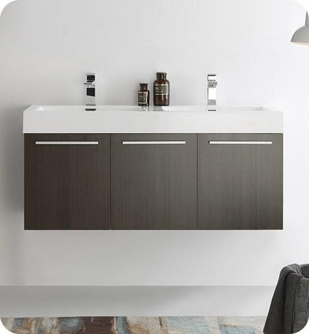Image of Fresca Vista 48" Gray Oak Wall Hung Double Sink Modern Bathroom Cabinet w/ Integrated Sink | FCB8092GO-D-I