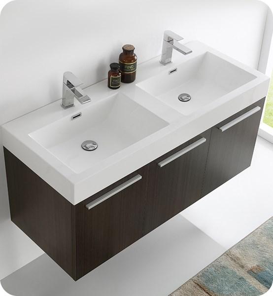 Fresca Vista 48" Gray Oak Wall Hung Double Sink Modern Bathroom Cabinet w/ Integrated Sink | FCB8092GO-D-I