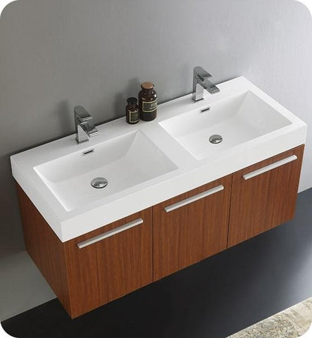 Image of Fresca Vista 48" Teak Wall Hung Double Sink Modern Bathroom Cabinet | FCB8092TK-D FCB8092TK-D