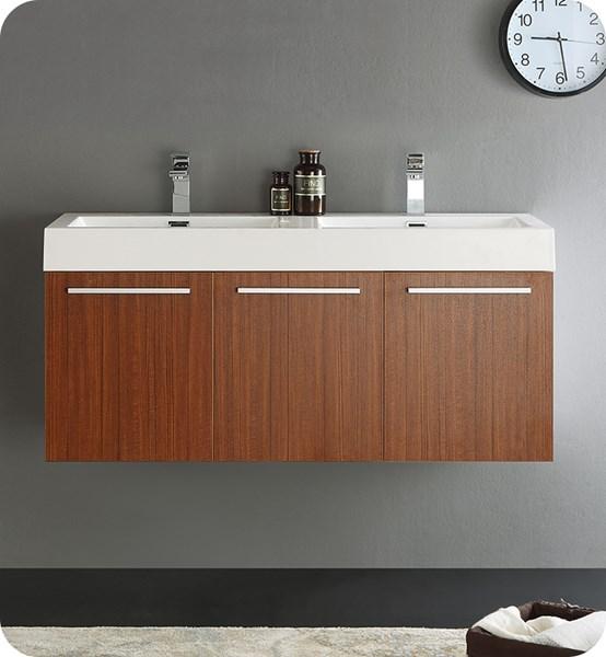 Fresca Vista 48" Teak Wall Hung Double Sink Modern Bathroom Cabinet w/ Integrated Sink | FCB8092TK-D-I FCB8092TK-D-I