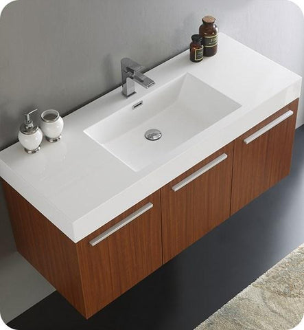 Image of Fresca Vista 48" Teak Wall Hung Modern Bathroom Cabinet w/ Integrated Sink | FCB8092TK-I FCB8092TK-I