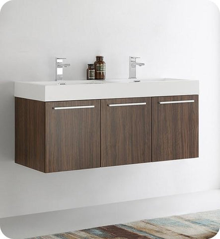 Image of Fresca Vista 48" Walnut Wall Hung Double Sink Modern Bathroom Cabinet | FCB8092GW-D