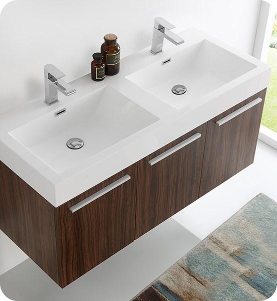 Fresca Vista 48" Walnut Wall Hung Double Sink Modern Bathroom Cabinet | FCB8092GW-D