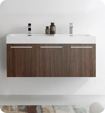 Image of Fresca Vista 48" Walnut Wall Hung Double Sink Modern Bathroom Cabinet w/ Integrated Sink | FCB8092GW-D-I