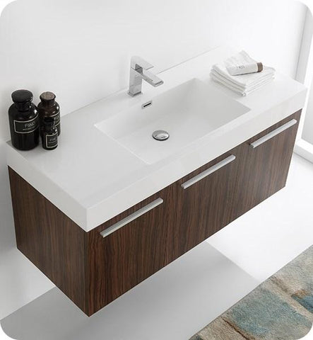 Image of Fresca Vista 48" Walnut Wall Hung Modern Bathroom Cabinet w/ Integrated Sink | FCB8092GW-I