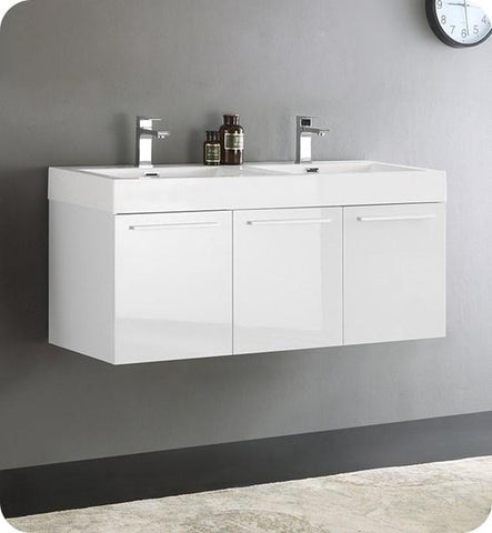 Image of Fresca Vista 48" White Wall Hung Double Sink Modern Bathroom Cabinet w/ Integrated Sink | FCB8092WH-D-I
