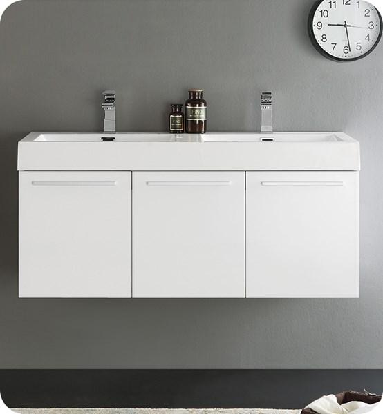 Fresca Vista 48" White Wall Hung Double Sink Modern Bathroom Cabinet w/ Integrated Sink | FCB8092WH-D-I