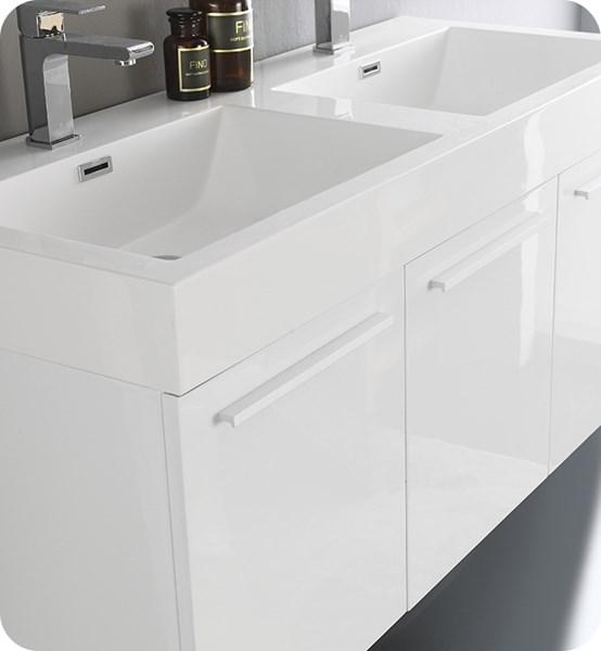 Fresca Vista 48" White Wall Hung Double Sink Modern Bathroom Cabinet w/ Integrated Sink | FCB8092WH-D-I