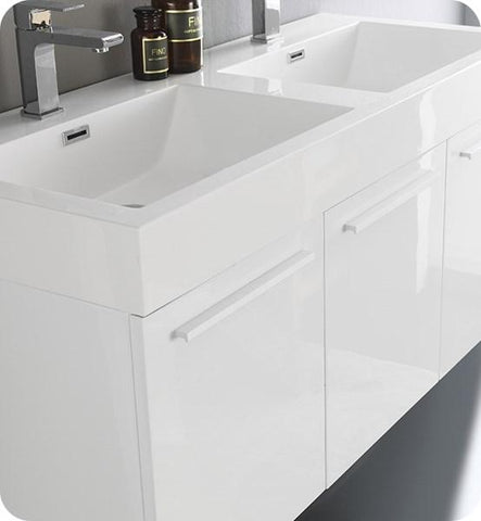 Image of Fresca Vista 48" White Wall Hung Double Sink Modern Bathroom Cabinet w/ Integrated Sink | FCB8092WH-D-I