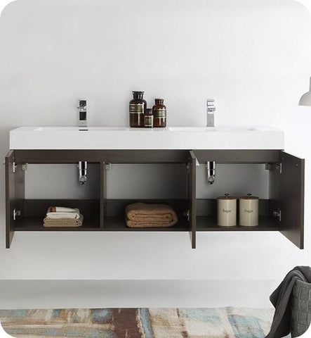 Image of Fresca Vista 60" Gray Oak Wall Hung Double Sink Modern Bathroom Cabinet | FCB8093GO-D