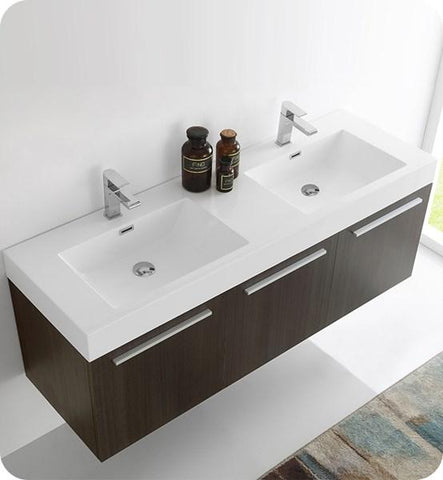 Image of Fresca Vista 60" Gray Oak Wall Hung Double Sink Modern Bathroom Cabinet w/ Integrated Sink | FCB8093GO-D-I