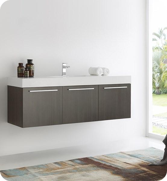 Fresca Vista 60" Gray Oak Wall Hung Single Sink Modern Bathroom Cabinet w/ Integrated Sink | FCB8093GO-I