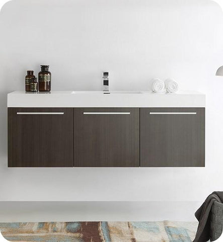 Image of Fresca Vista 60" Gray Oak Wall Hung Single Sink Modern Bathroom Cabinet w/ Integrated Sink | FCB8093GO-I