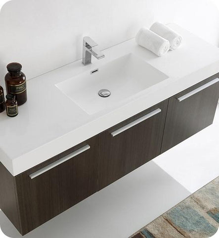 Image of Fresca Vista 60" Gray Oak Wall Hung Single Sink Modern Bathroom Cabinet w/ Integrated Sink | FCB8093GO-I
