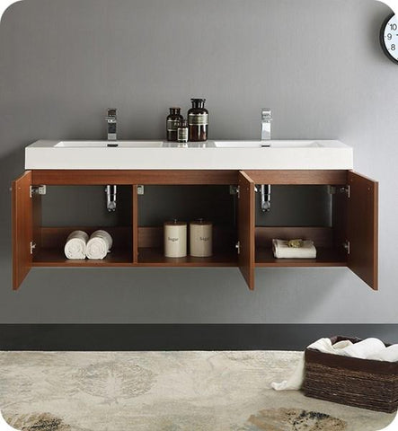 Image of Fresca Vista 60" Teak Wall Hung Double Sink Modern Bathroom Cabinet w/ Integrated Sink | FCB8093TK-D-I