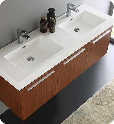Image of Fresca Vista 60" Teak Wall Hung Double Sink Modern Bathroom Cabinet w/ Integrated Sink | FCB8093TK-D-I