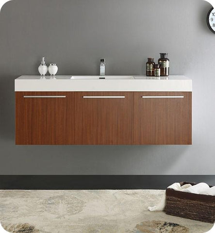 Image of Fresca Vista 60" Teak Wall Hung Single Sink Modern Bathroom Cabinet w/ Integrated Sink | FCB8093TK-I