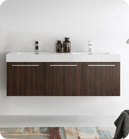 Image of Fresca Vista 60" Walnut Wall Hung Double Sink Modern Bathroom Cabinet w/ Integrated Sink | FCB8093GW-D-I