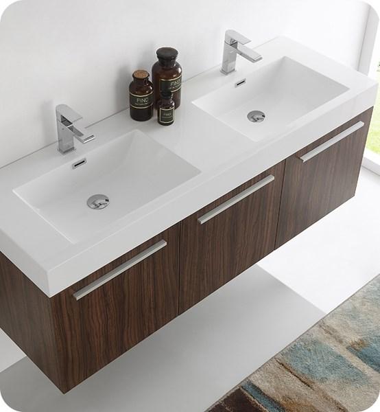 Fresca Vista 60" Walnut Wall Hung Double Sink Modern Bathroom Cabinet w/ Integrated Sink | FCB8093GW-D-I