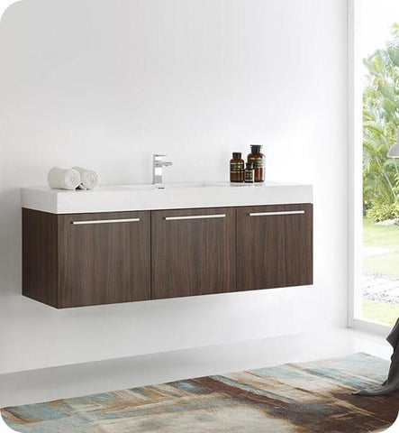Image of Fresca Vista 60" Walnut Wall Hung Single Sink Modern Bathroom Cabinet w/ Integrated Sink | FCB8093GW-I