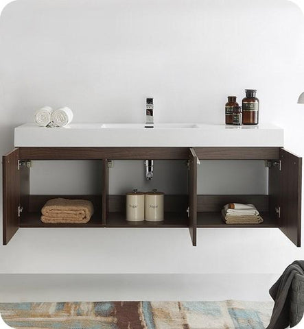 Image of Fresca Vista 60" Walnut Wall Hung Single Sink Modern Bathroom Cabinet w/ Integrated Sink | FCB8093GW-I
