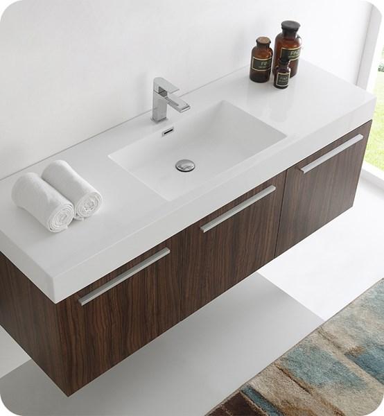 Fresca Vista 60" Walnut Wall Hung Single Sink Modern Bathroom Cabinet w/ Integrated Sink | FCB8093GW-I