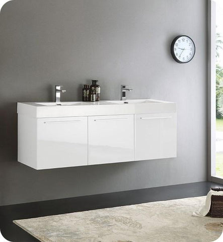 Image of Fresca Vista 60" White Wall Hung Double Sink Modern Bathroom Cabinet w/ Integrated Sink | FCB8093WH-D-I