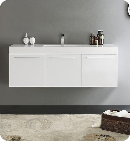 Image of Fresca Vista 60" White Wall Hung Single Sink Modern Bathroom Cabinet w/ Integrated Sink | FCB8093WH-I