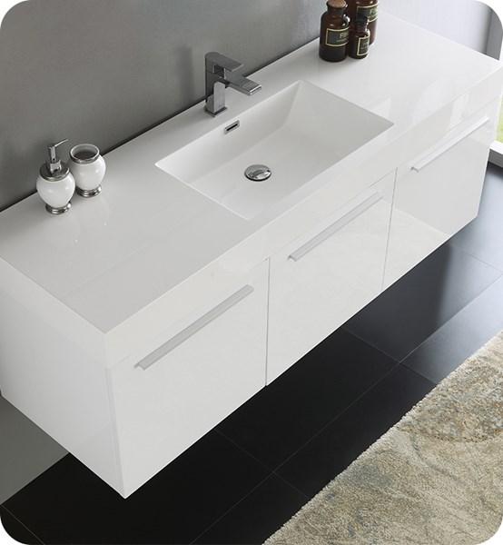 Fresca Vista 60" White Wall Hung Single Sink Modern Bathroom Cabinet w/ Integrated Sink | FCB8093WH-I