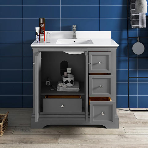 Image of Fresca Windsor 36" Gray Textured Traditional Bathroom Cabinet FCB2436GRV-CWH-U