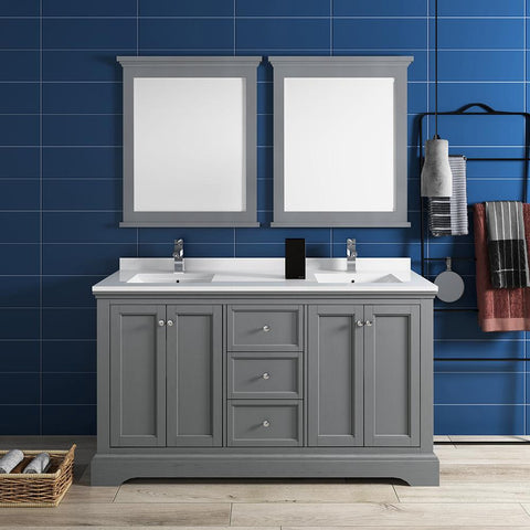 Image of Fresca Windsor 60" Gray Textured Double Sink Bathroom Vanity