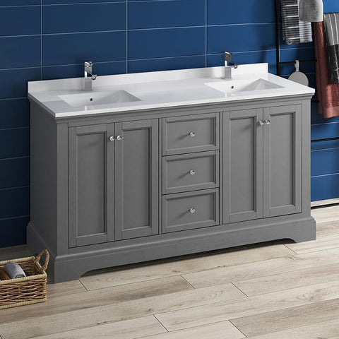 Image of Fresca Windsor 60" Gray Textured Traditional Double Sink Bathroom Cabinet FCB2460GRV-CWH-U